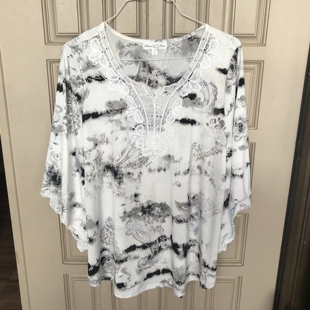 Stem&Vine Blouse SzXL Blk/Wht/Gray Lace Embellishment Round Neck Short Sleeves